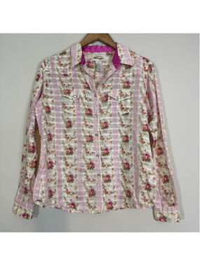 WRANGLER Women's Pink Floral Stripe Pearl Snap Western Cowgirl Shirt Size M